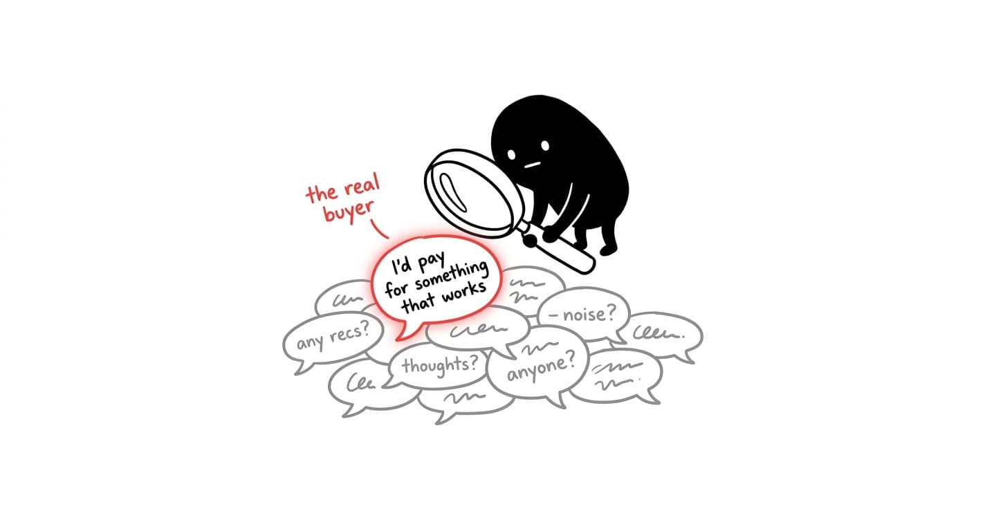 Hand-drawn cover: a small black character with a magnifying glass leans over a noisy pile of look-alike speech bubbles, and the one bubble that glows red reads 'I'd pay for something that works.'