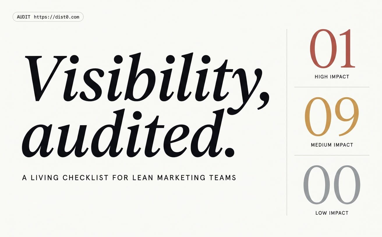 Editorial cover with italic serif headline 'SaaS SEO, audited.' next to a vertical ladder of impact counts — 01 high, 09 medium, 00 low.