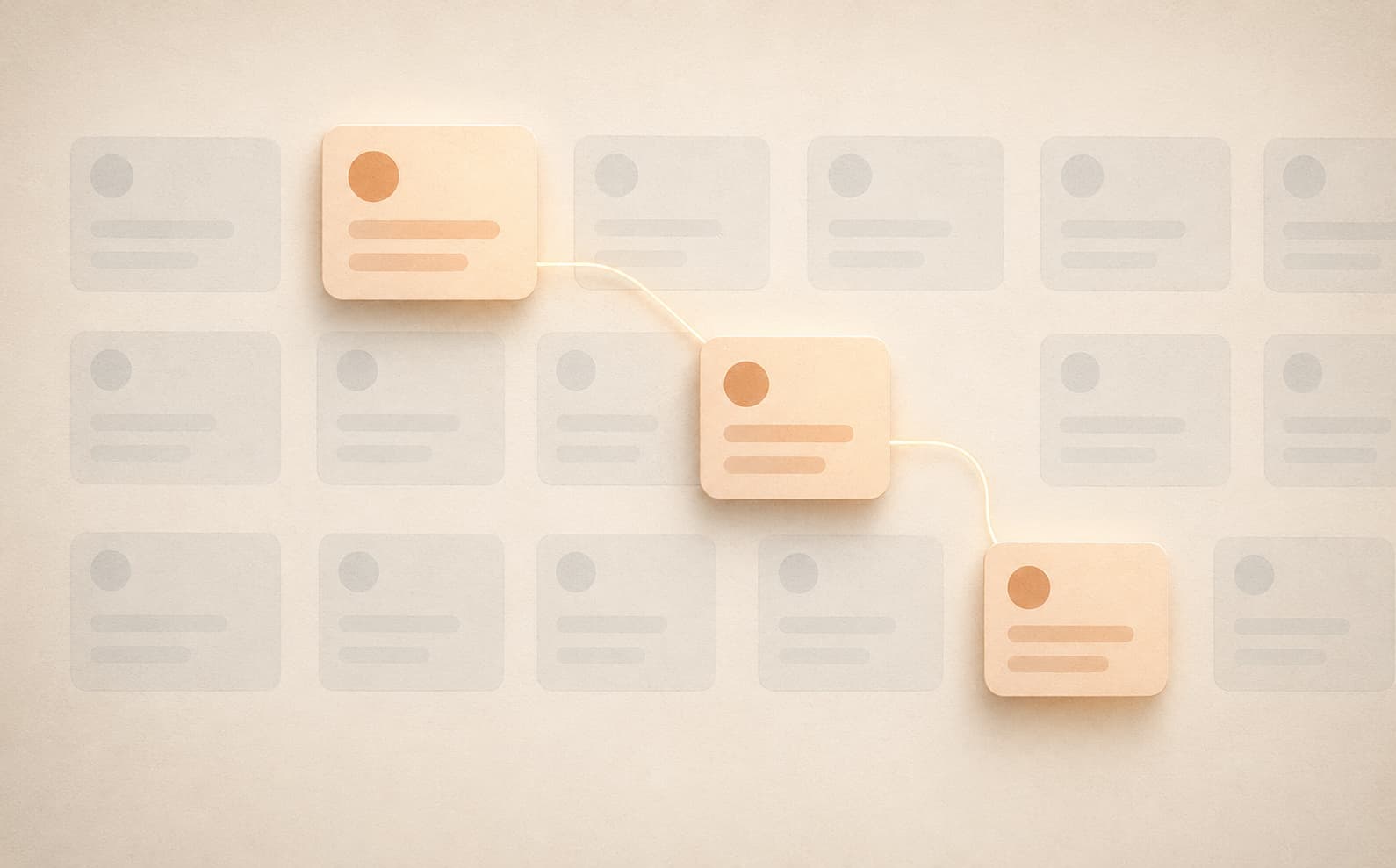 A grid of identical, dim slate-grey social post cards recedes into cream paper while a few warm, glowing amber cards lift forward and link together with thin luminous lines.