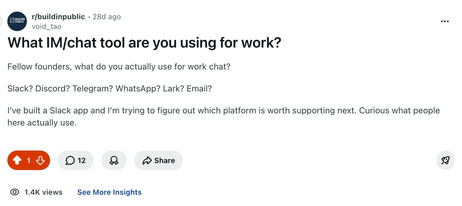 A Reddit post in r/buildinpublic titled "What IM/chat tool are you using for work?" asking fellow founders whether they use Slack, Discord, Telegram, WhatsApp, Lark, or Email, noting the author built a Slack app and is deciding which platform to support next — with 1.4K views and 12 comments.
