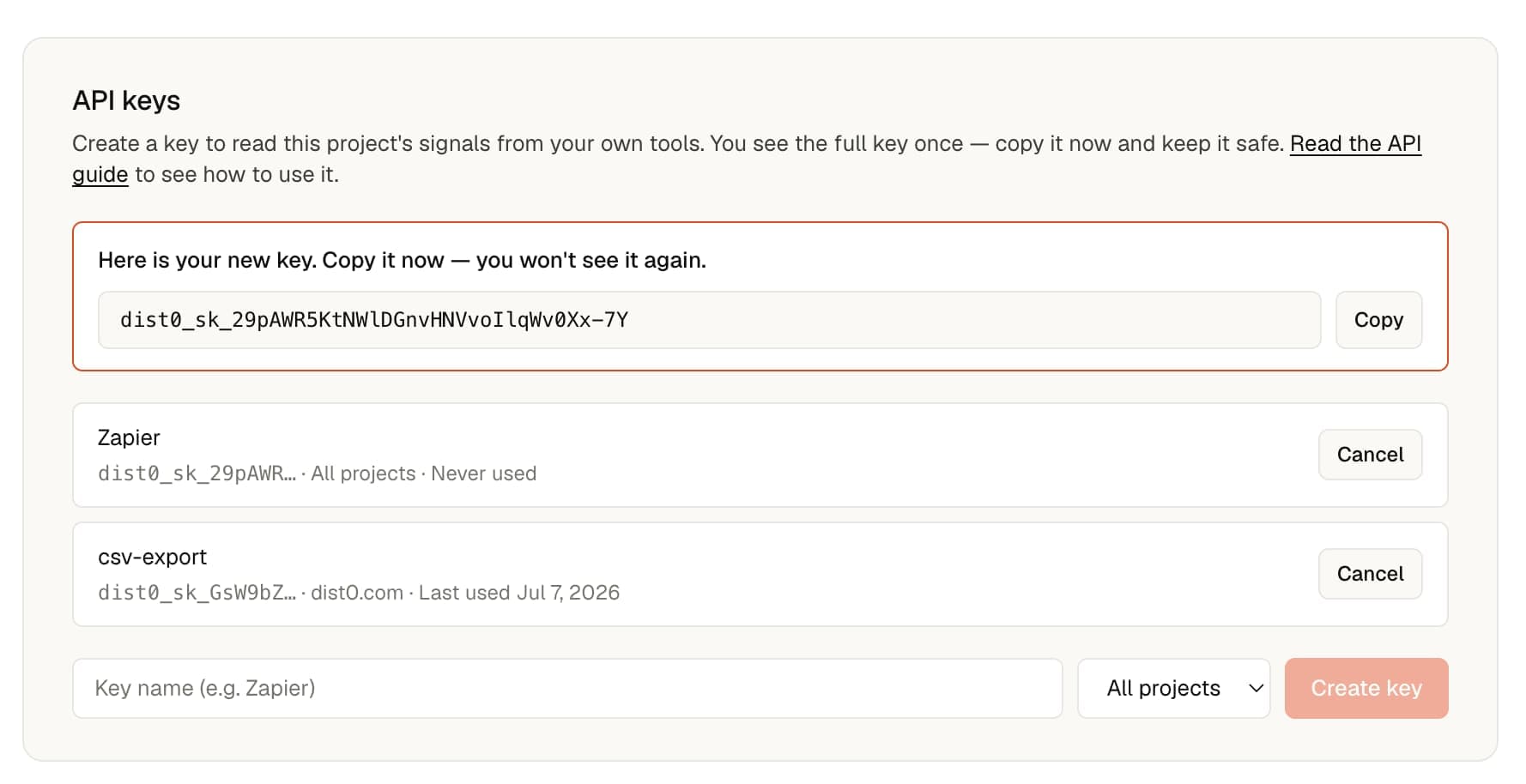 The API keys panel showing a newly created key with a Copy button and the note that you won't see it again.