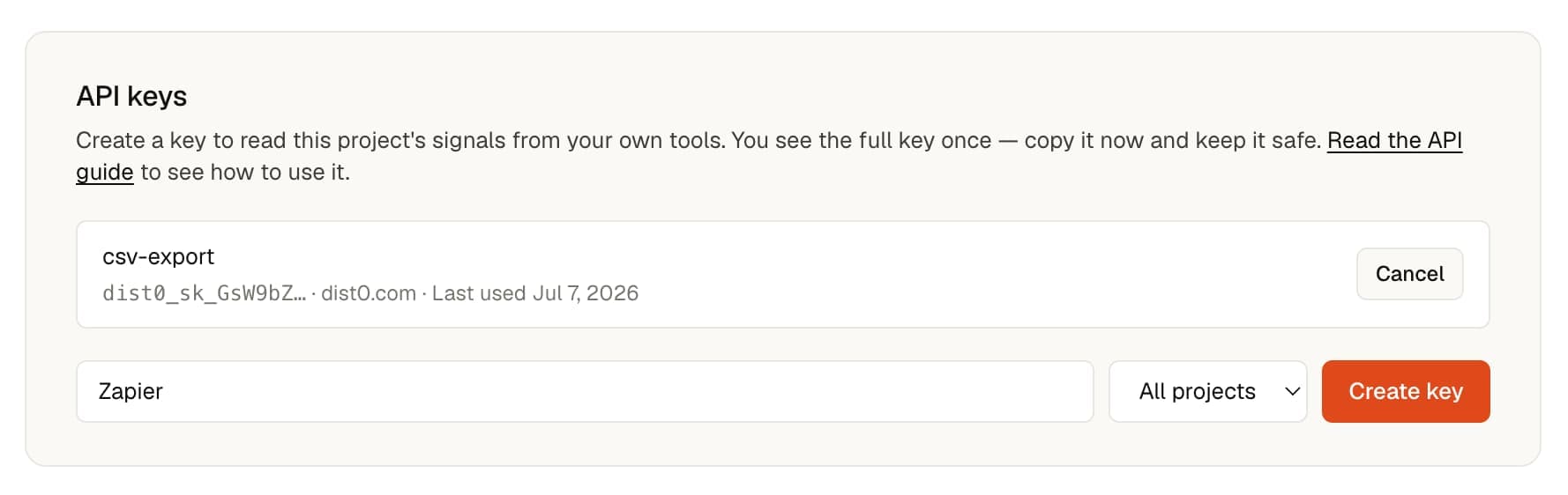 The API keys panel in Settings → Developer, with a name field, a project selector set to All projects, and a Create key button.