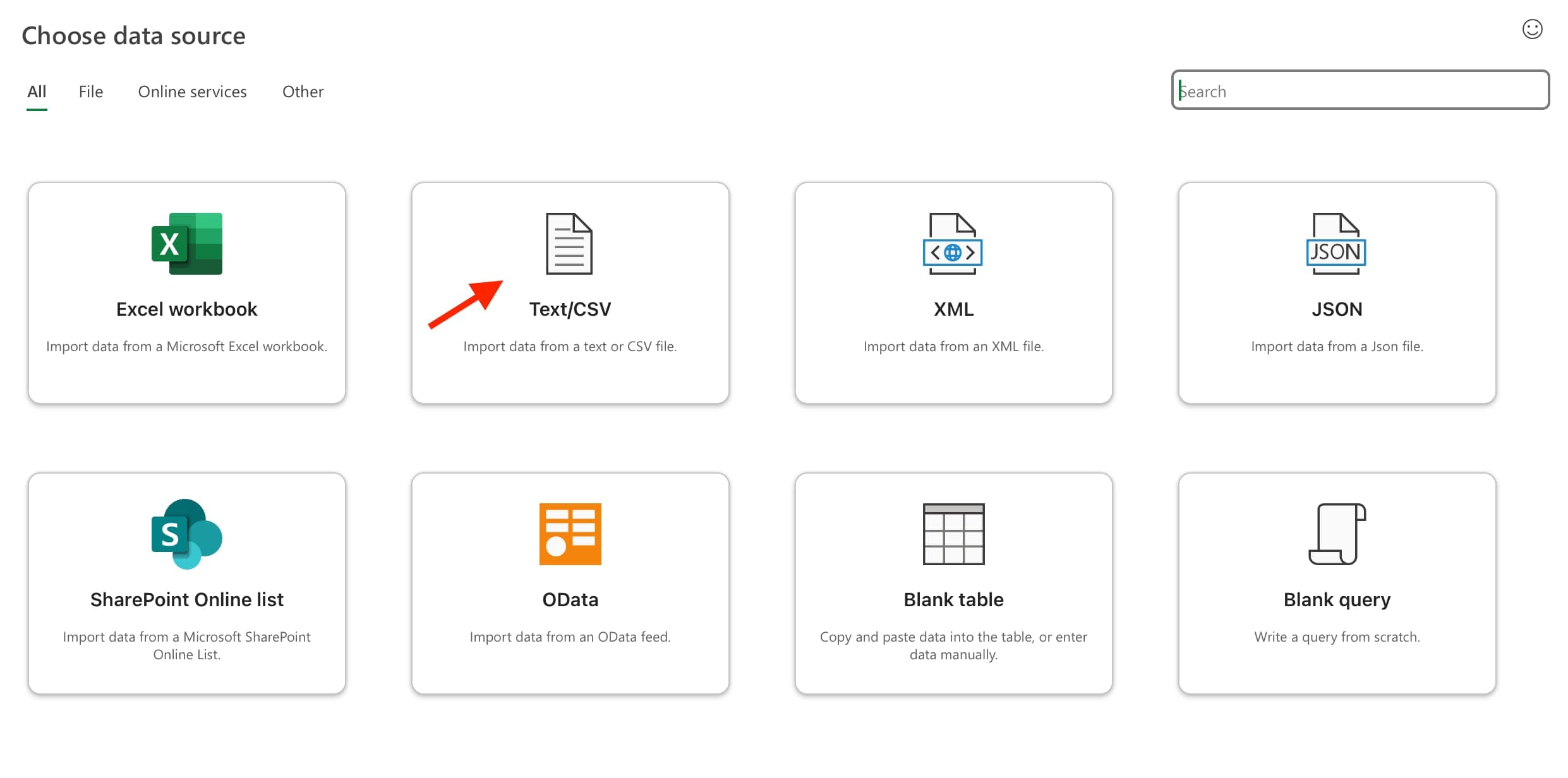 Excel's "Choose data source" window with the "Text/CSV" tile marked — the option that reads your dist0 link.