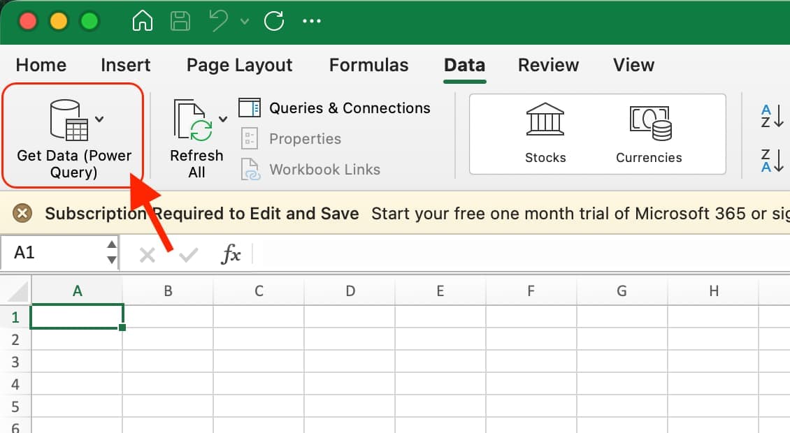 The Data tab of Excel's ribbon, with "Get Data (Power Query)" boxed on the far left — where you start. "Refresh All", for pulling the latest later, sits just to its right.