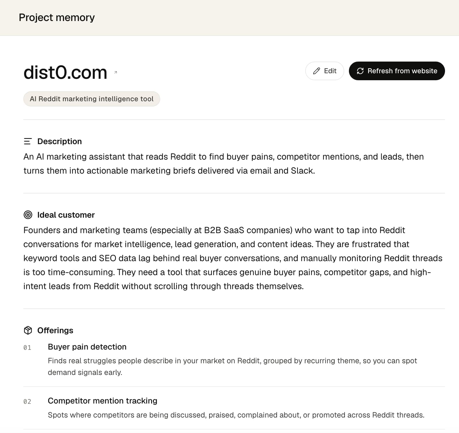 The dist0 project memory page for dist0.com, showing the product name and category tag at the top with Edit and Refresh from website buttons, followed by the Description, Ideal customer, and Offerings sections.