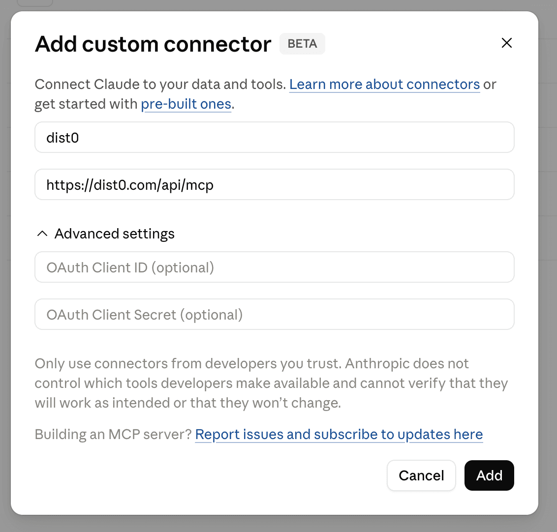 Claude's "Add custom connector" window with the name set to "dist0" and the address https://dist0.com/api/mcp pasted below it, above the Cancel and Add buttons.