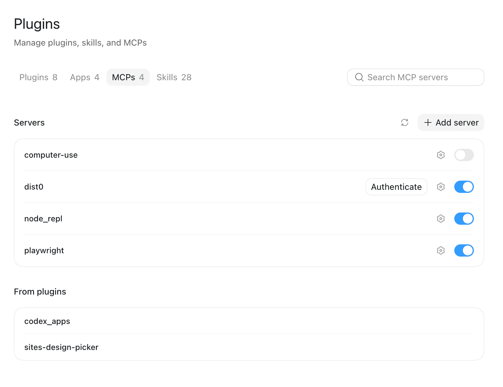 A client's MCP server list showing dist0 among the servers, with an Authenticate button next to it and a toggle switched on.