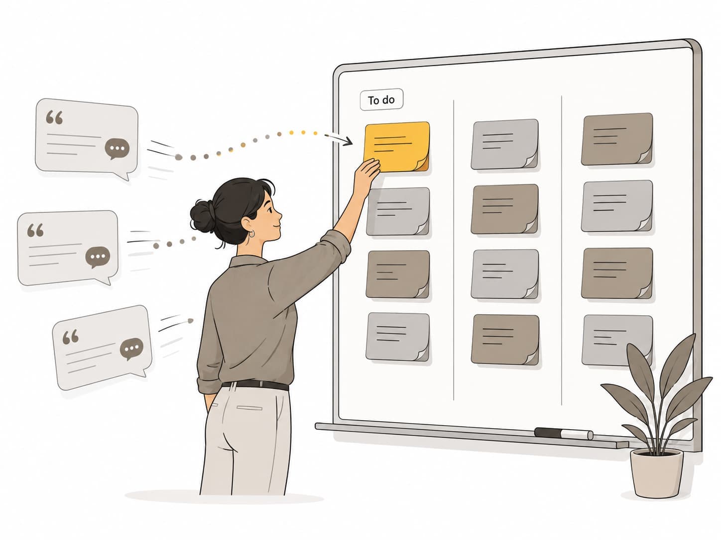 Someone pinning buyer-pain quotes onto a task board as new cards.