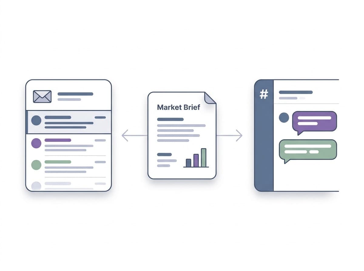 A finished brief arriving in an inbox and a Slack channel