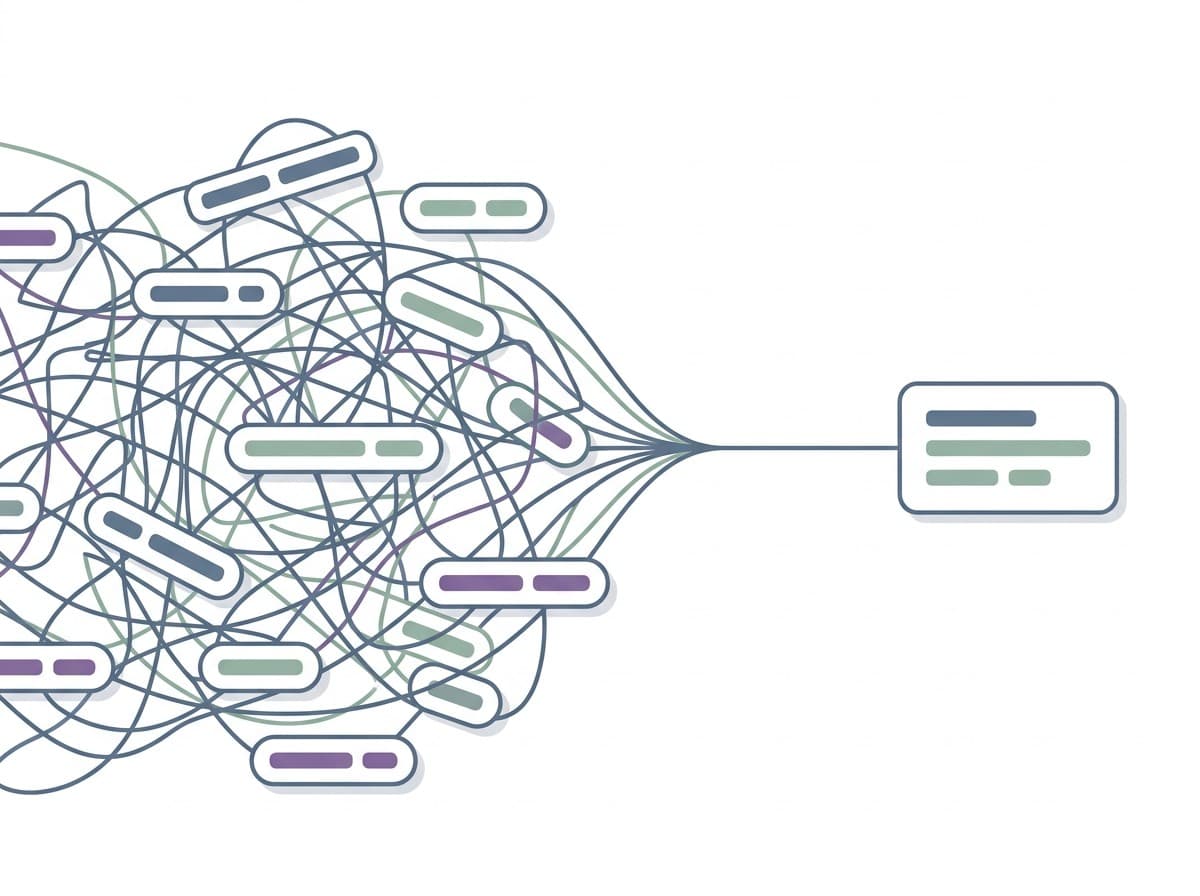 Tangled keyword filters resolving into one clear, simple summary card