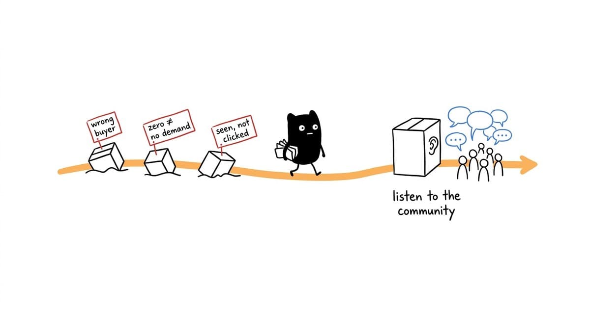 Hand-drawn sketch: a small black character walks past three fallen SaaS products tagged 'wrong buyer', 'zero ≠ no demand', and 'seen, not clicked', toward a fourth product with an ear turned to a listening crowd.